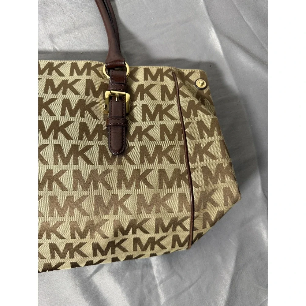 Michael Kors Monogram Jacquard Tote Bag Brown Beige Leather Trim Gold Hardware - Picture 3 of 12
